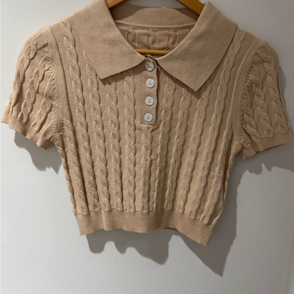 Cable Knit Beige Cropped Polo Top